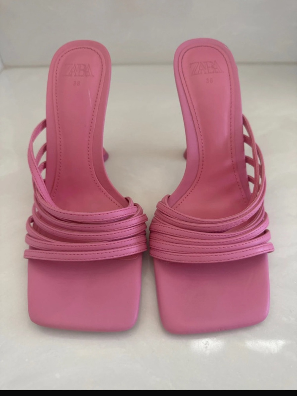 Zara Bubblegum Pink Multi-Strap Square-Toe Heeled Mules
